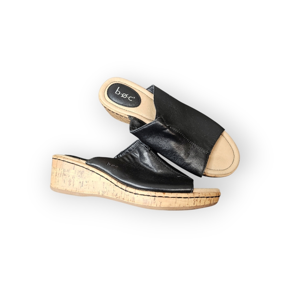 b.o.c. Born Concept Black Leather Wedge Slide Sandals Women’s Size 8 Comfort - Picture 4 of 6
